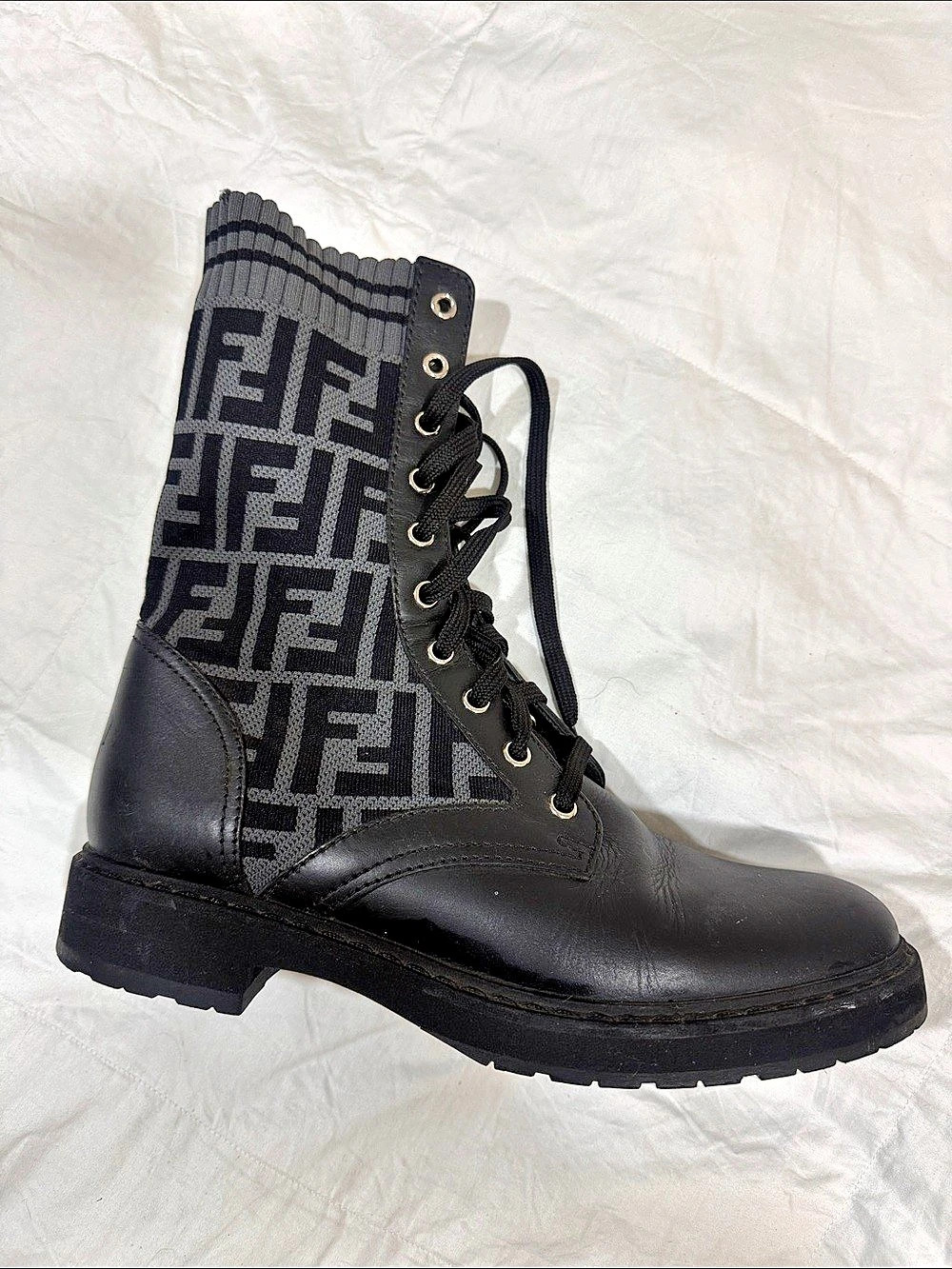 Fendi Rockoko Knit Sock Combat Boots Black & Gray EU 39